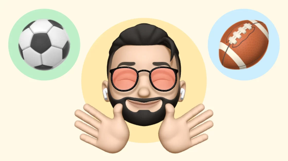 Memoji with sunglasses choosing between Soccer ball or Football ball